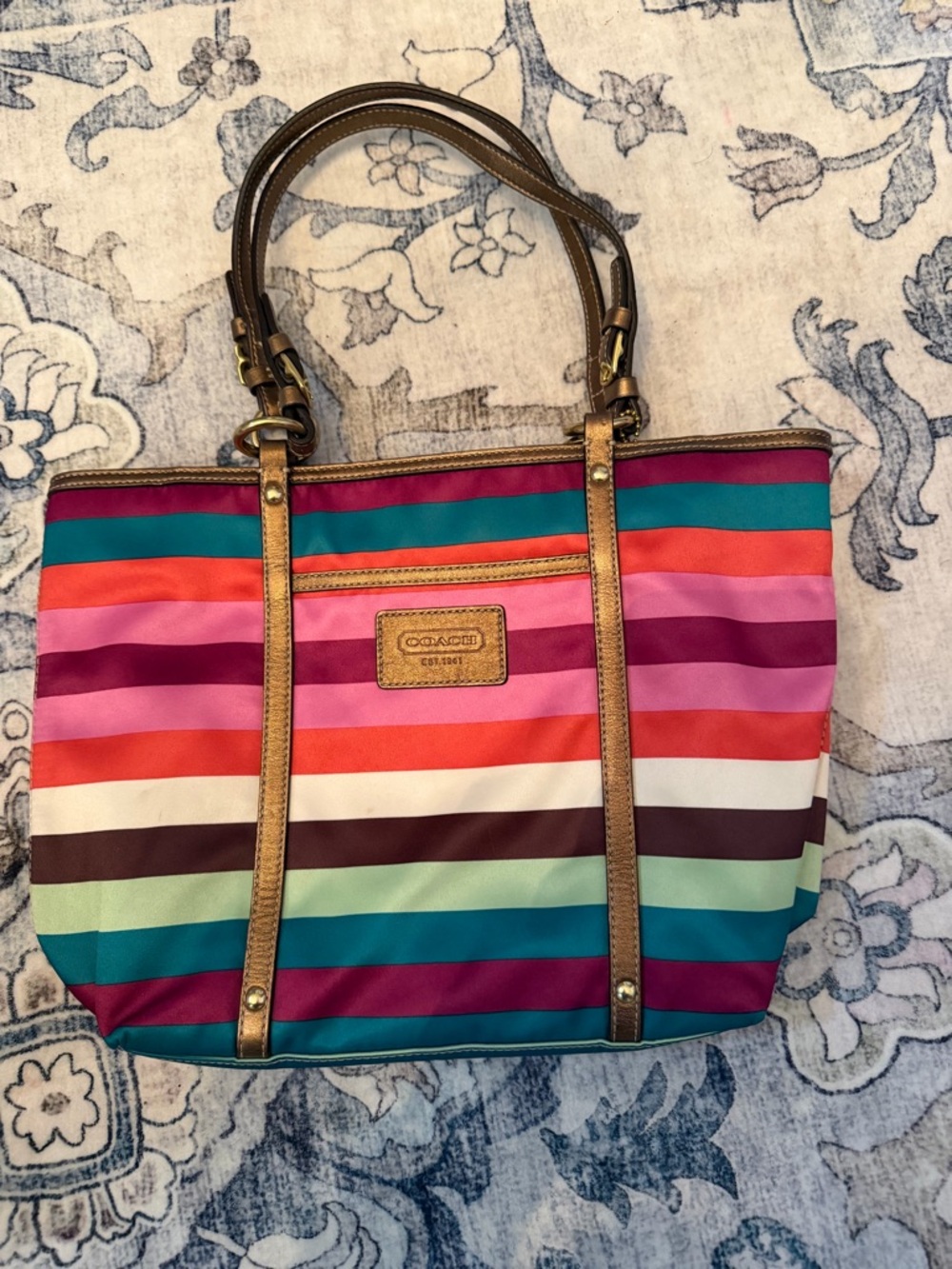 Coach Multicolor Legacy Striped Tote - Teal, Pink, Orange, Purple, Brown, White